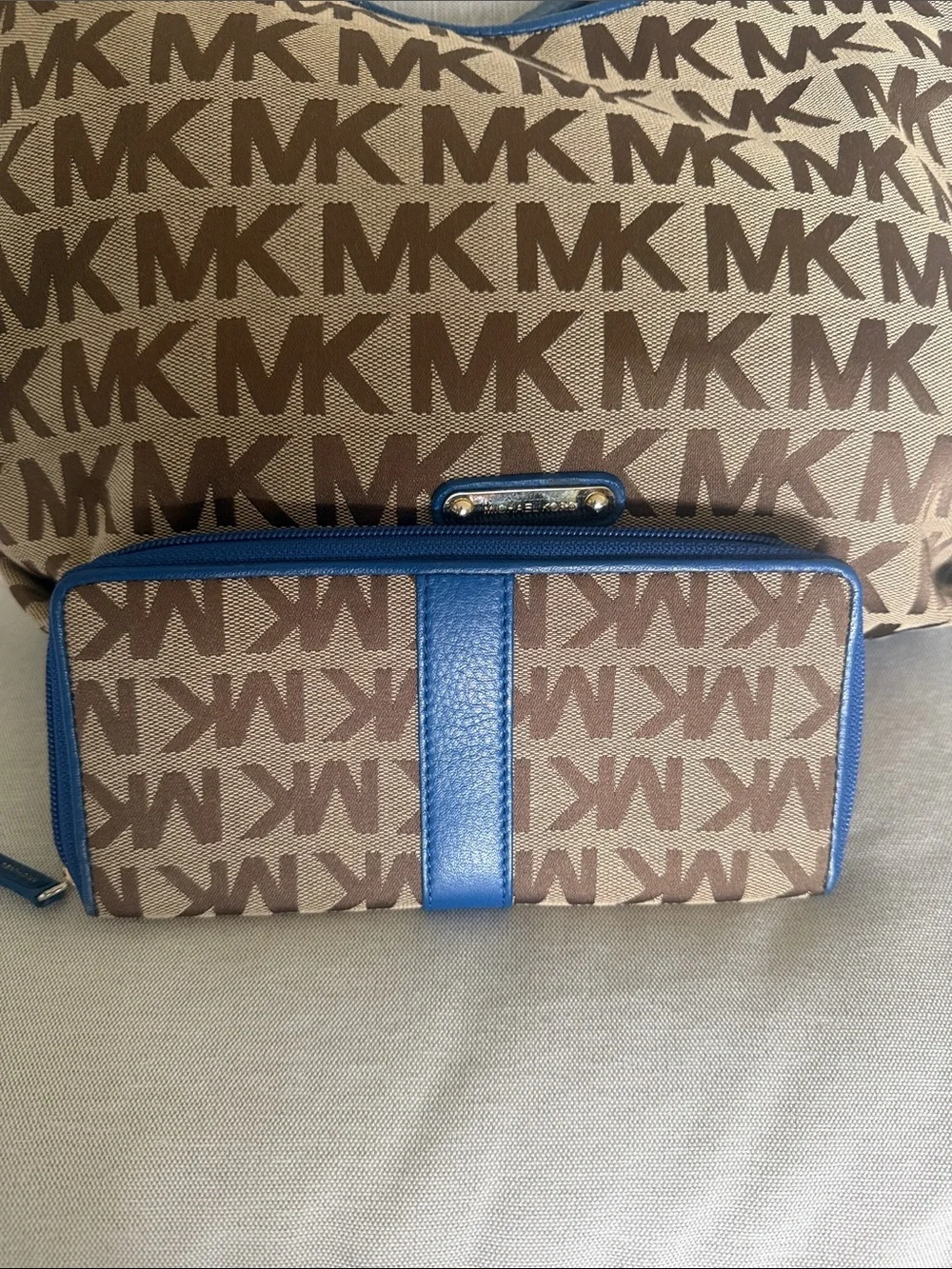 MK Signature Monogram Hobo Shoulder Bag + Zip Around Wallet Set Blue Leather